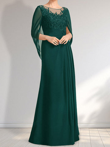 A-line Scoop Illusion Floor-Length Lace Chiffon Mother of the Bride Dress With Pleated Sequins