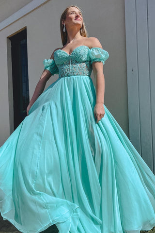 A line Sweetheart Chiffon Prom Dress with Puff Sleeves
