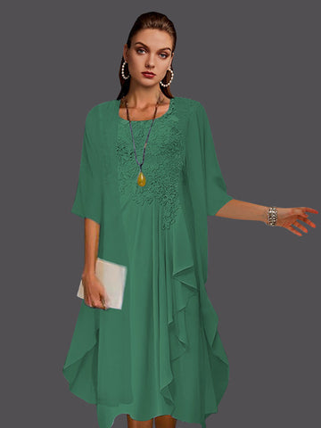 Two Piece A-Line Chiffon Lace Sleeveless Jacket Dresses with Pleats Appliques