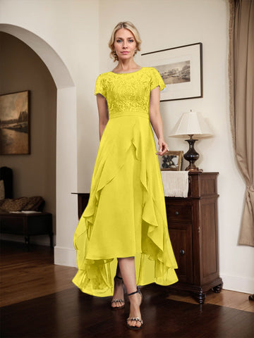A-line Scoop Illusion Asymmetrical Chiffon Lace Mother of the Bride Dress With Bow Ruffle Sequins