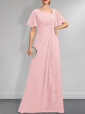 A-line Asymmetrical Floor-Length Chiffon Mother of the Bride Dress With Pleated Beading Sequins