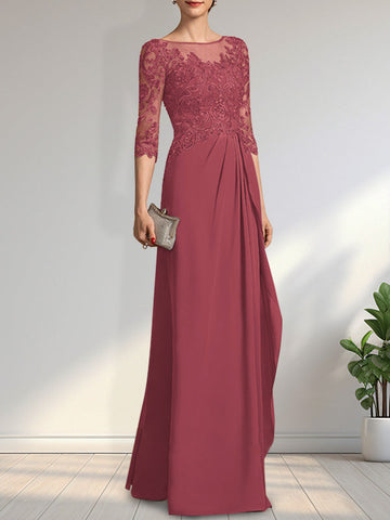A-line Scoop Illusion Floor-Length Chiffon Lace Mother of the Bride Dress With Beading Sequins Cascading Ruffles