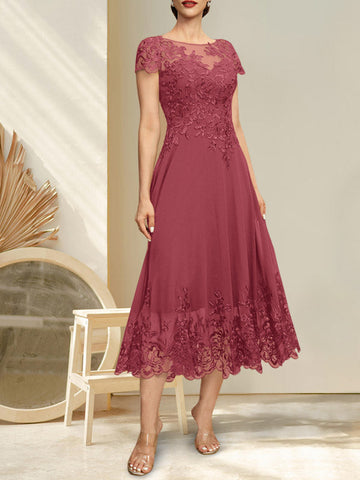 A-line Illusion Scoop Tea-Length Lace Chiffon Mother of the Bride Dress With Sequins