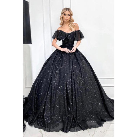 Robe de bal noire scintillante à épaules dénudées unique 