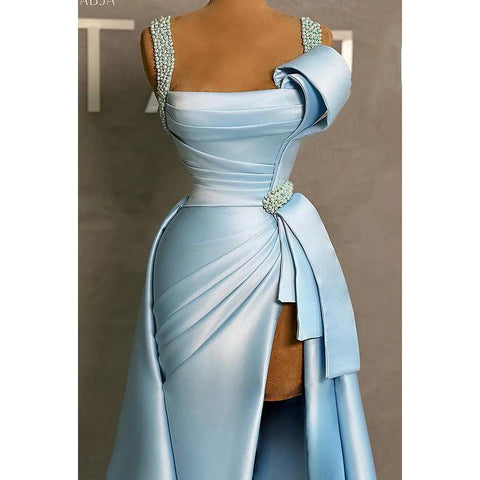 Vestido de fiesta formal glamuroso y dramático con tirantes de cuentas, corte A, abertura y fruncido