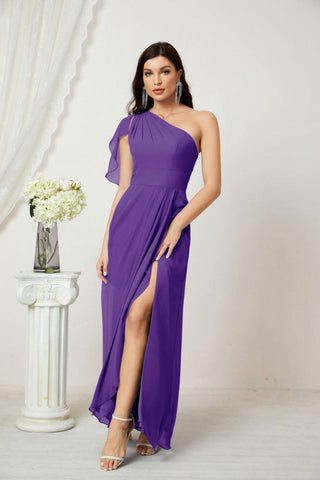 Robe de demoiselle d'honneur longue en mousseline de soie à volants et à une épaule, coupe trapèze, robe de soirée formelle fendue sur le côté, 2809