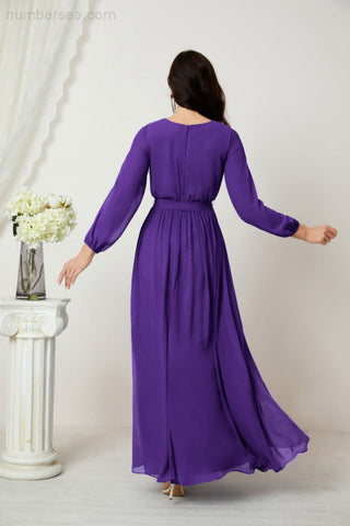 Sunnderly Evening Dresses Deep V-Neck Chiffon Bridesmaid Dresses Long Bishop Sleeve Side Split Formal Dress SY2806