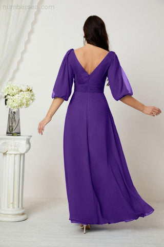 Baoleely  Formal Prom Gown Women V-Neck Chiffon Bridesmaid Dresses Long Bishop Sleeve Party Dress 2807