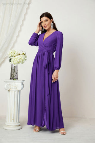 Sunnderly Evening Dresses Deep V-Neck Chiffon Bridesmaid Dresses Long Bishop Sleeve Side Split Formal Dress SY2806