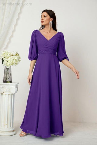 Baoleely  Formal Prom Gown Women V-Neck Chiffon Bridesmaid Dresses Long Bishop Sleeve Party Dress 2807