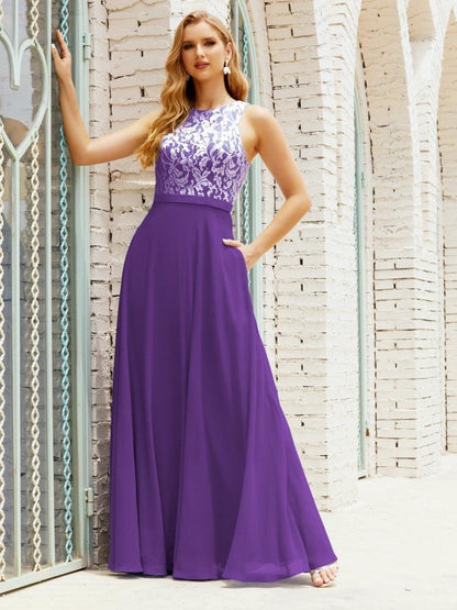 Lace Bridesmaid Dress Floor Length Evening Gowns with Pockets 28017