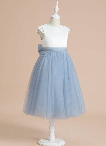 A-line Satin Tulle Tea-length First Communion Flower Girl Dress