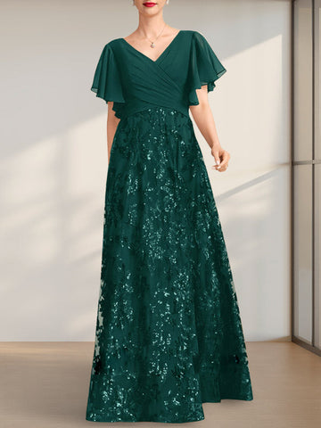 A-line V-Neck Floor-Length Lace Sequin Chiffon Mother of the Bride Dress With Pleated