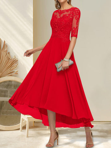 A-line Boat Neck Illusion Asymmetrical Chiffon Lace Mother of the Bride Dress With Sequins Beading