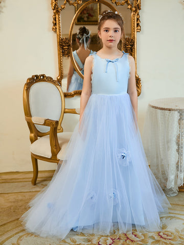 Ball-Gown/Princess Tulle Sweep Train Blue Flower Girl Dress