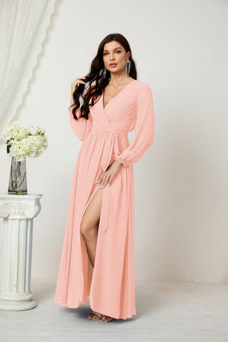 Sunnderly Evening Dresses Deep V-Neck Chiffon Bridesmaid Dresses Long Bishop Sleeve Side Split Formal Dress SY2806