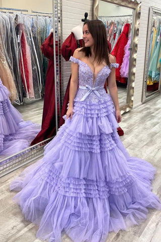 A Line Off the Shoulder Light Pink Long Prom Dress with Ruffles