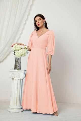 Baoleely  Formal Prom Gown Women V-Neck Chiffon Bridesmaid Dresses Long Bishop Sleeve Party Dress 2807