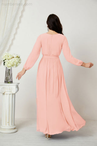 Sunnderly Evening Dresses Deep V-Neck Chiffon Bridesmaid Dresses Long Bishop Sleeve Side Split Formal Dress SY2806