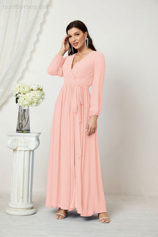 Sunnderly Evening Dresses Deep V-Neck Chiffon Bridesmaid Dresses Long Bishop Sleeve Side Split Formal Dress SY2806