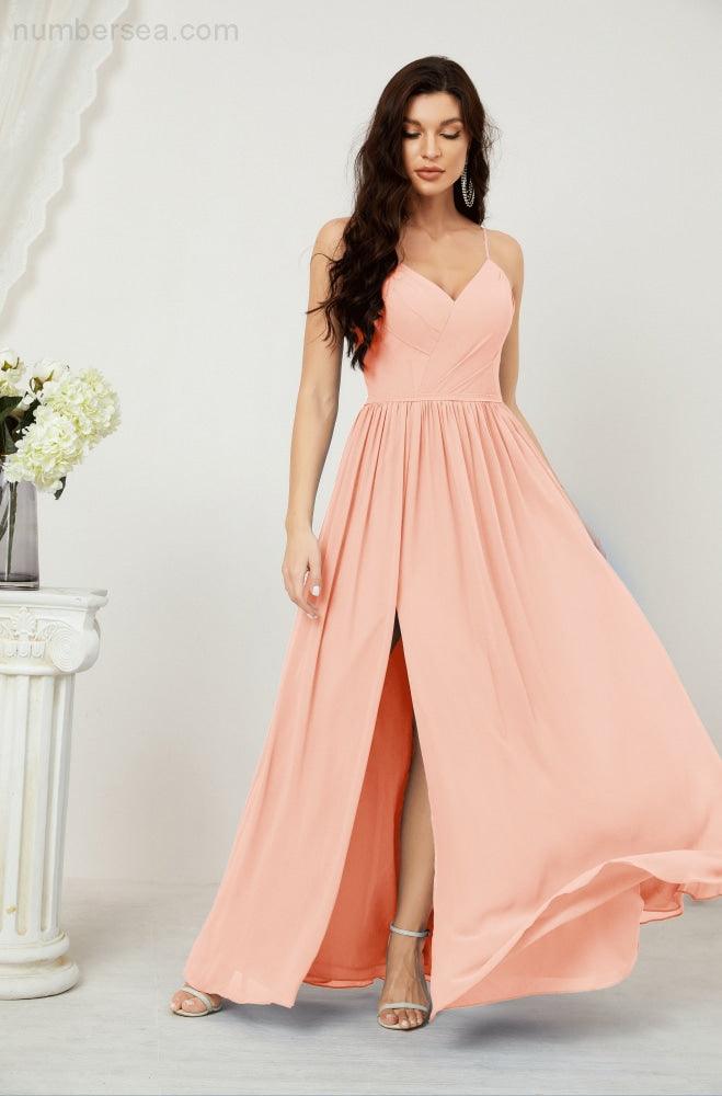 Numbersea  Neck Bridesmaid Dresses Chiffon Long Spaghetti A-line Formal Prom Gown for Wedding Party Evening 2801