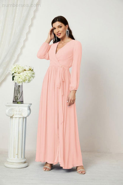 Numbersea Evening Dresses Deep V-Neck Chiffon Bridesmaid Dresses Long Bishop Sleeve Side Split Formal Dress 2806