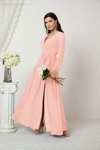 Sunnderly Evening Dresses Deep V-Neck Chiffon Bridesmaid Dresses Long Bishop Sleeve Side Split Formal Dress SY2806