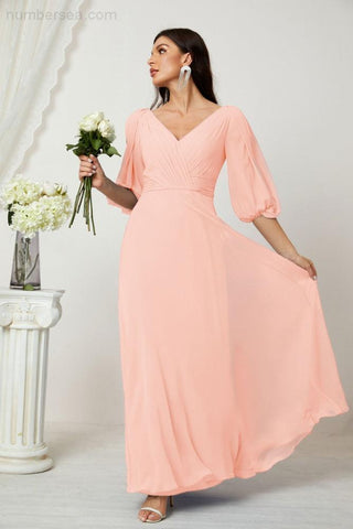 Baoleely  Formal Prom Gown Women V-Neck Chiffon Bridesmaid Dresses Long Bishop Sleeve Party Dress 2807
