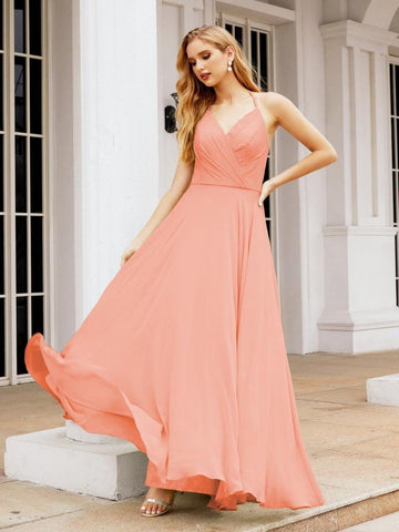 Baoleely Halter Chiffon Bridesmaid Dresses Wedding Appare Sleeveless Formal Prom Dress with Ruffled Back 28035