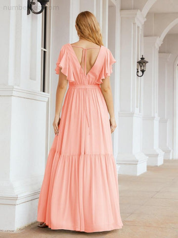 Baoleely Women's Open Back Formal Evening Party Prom Gowns V-Neck Long Chiffon Bridesmaid Dresses with Waist Belt 28038