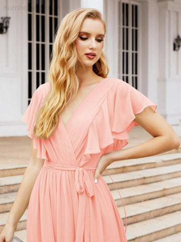 Baoleely Women's Open Back Formal Evening Party Prom Gowns V-Neck Long Chiffon Bridesmaid Dresses with Waist Belt 28038