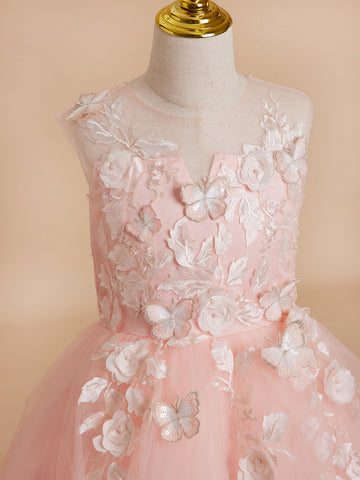 Ball-Gown/Princess Tulle Asymmetrical Pink Flower Girl Dress