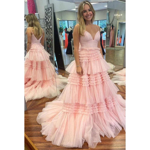 Vestido largo de fiesta de bienvenida con escote en V, tirantes finos y tul fruncido, corte A 