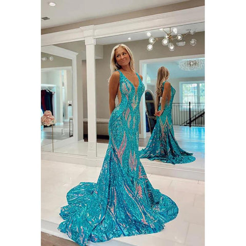 Vestidos de fiesta largos con lentejuelas y escote en V de sirena brillante