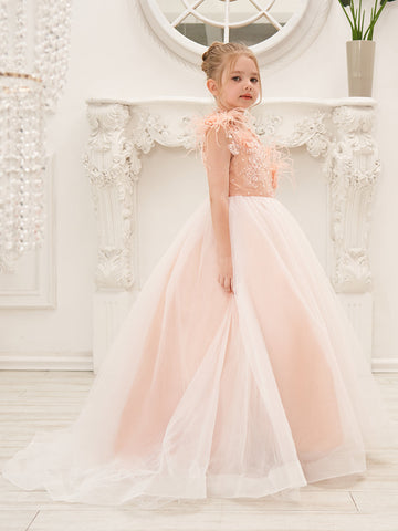 Ball-Gown/Princess Tulle Sweep Train Pink Flower Girl Dress