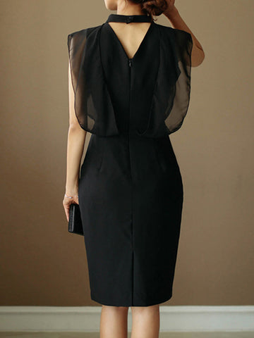 Loose Sleeveless Gauze Hollow See-Through Split-Joint Zipper Stand Collar Evening Dresses Midi Dresses