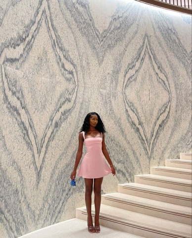 Robe de bal courte rose trapèze, robe de remise de diplôme rose Y1944