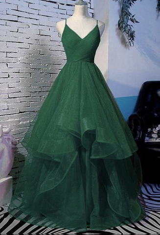 Robe de bal/robe de soirée longue en tulle plissé vert trapèze à col en V et paillettes Y6440