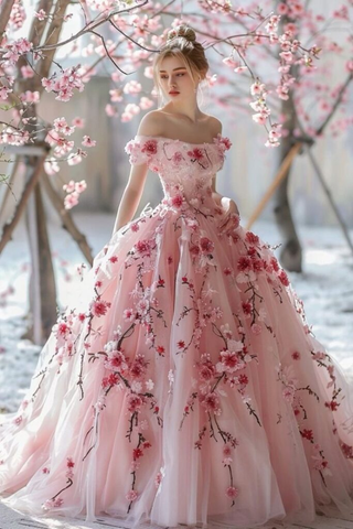 Robe de bal élégante en tulle à épaules dénudées et fleurs 3D, rose, coupe trapèze, référence Y8364