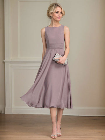 A-line Scoop Tea-Length Chiffon Mother of the Bride Dress With Pleated