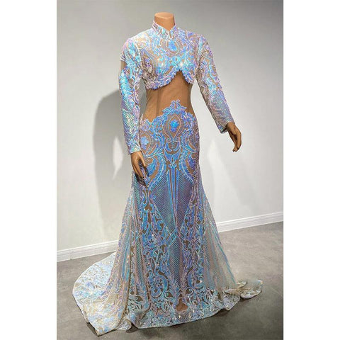 Robe de bal sirène à col haut et paillettes appliquées, unique pour fille noire 