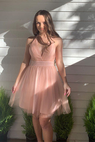 A-line Blush Deep V-Neck Tulle  Homecoming Dress
