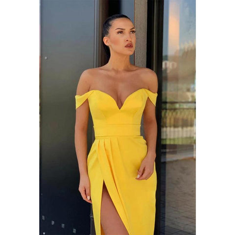 Sheath/column Prom Dress Off-the-shoulder Yellow Long Evening Gowns
