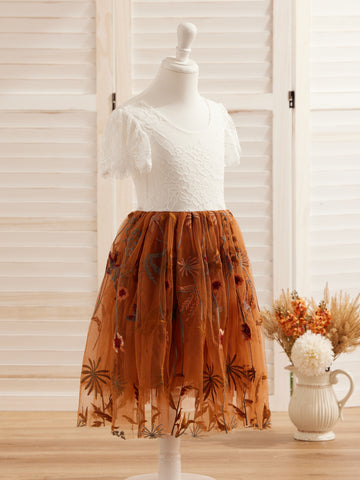 Burnt Orange White Lace Tulle Embroidered Knee Length Flower Girl Dress