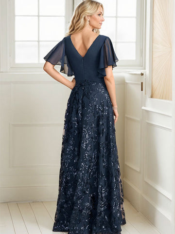 A-line V-Neck Floor-Length Lace Sequin Chiffon Mother of the Bride Dress With Pleated