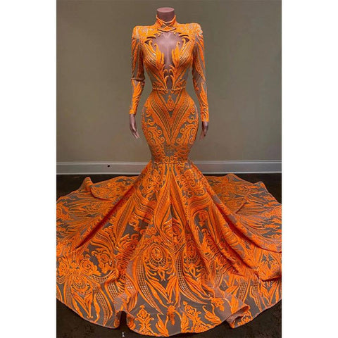 Robe de bal sirène américaine unique à col haut et manches longues avec appliques de paillettes 