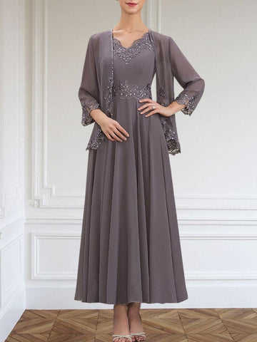 A-line V-Neck Ankle-Length Chiffon Mother of the Bride Dress With Sequins Appliques Lace Beading