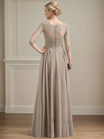 A-line Scoop Illusion Floor-Length Lace Chiffon Mother of the Bride Dress With Sequins
