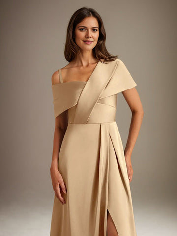 A-Line Asymmetrical Neckline Floor-Length Satin Mother of the Bride Dress With Pleated