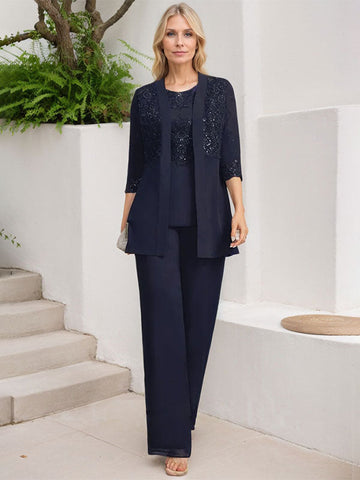 Jumpsuit/Pantsuit Separates Scoop Floor-Length Chiffon Lace Mother of the Bride Dress With Sequins